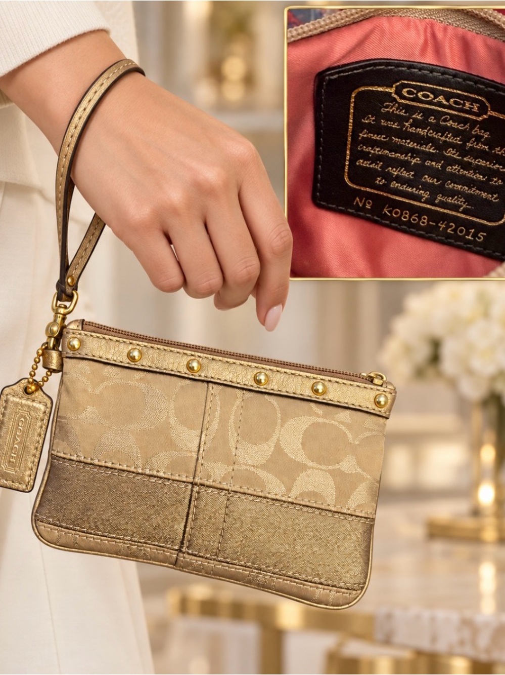 Coach Metallic Beige & Gold Signature Wristlet